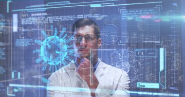 Kafkas erkek doktor üzerinde virüs hücreleriyle veri işleme görüntüsü. Küresel tıp, bilim ve dijital arayüz kavramı dijital olarak üretilen görüntü.