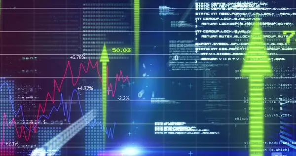 Kırmızı mavi çizgi grafikleri ve kodlarıyla, gösterge panelinde yükselen dikey parlayan yeşil ok gösteriliyor. Finansal, analitik, teknoloji, dijital, veri, yatırım, yenilik