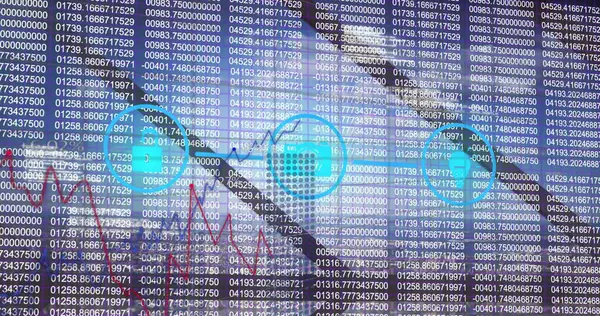 Finansal veri işleme ve şehir manzarası üzerindeki simgelerle bağlantı ağının resmi. Küresel iş, finans ve dijital arayüz kavramı dijital olarak oluşturulmuş görüntü.