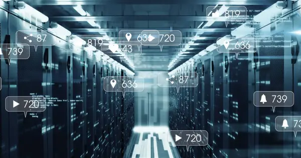 Image of social media icons and numbers and data processing over computer servers. Global social media, computing, data processing and digital interface concept digitally generated image.