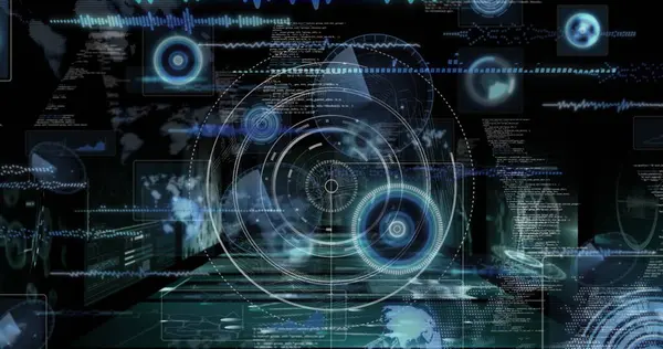 Siyah arkaplan üzerindeki veri işleme alanının görüntüsü. Küresel teknoloji, bilgisayar ve dijital arayüz kavramı dijital olarak oluşturulmuş görüntü.