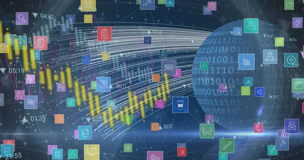 Grafik çubukları ve simgelerle veri ızgarasının sağında ikili veri küresi gösteriliyor, boşluğu kopyala. Teknoloji, yenilik, analitik, bağlantı, dijital arayüz, siber güvenlik