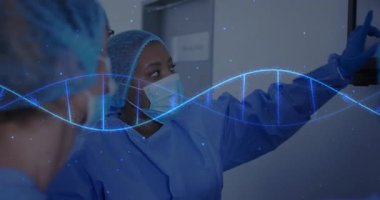 Kadın tıbbi personel dokunmatik ekranı tıkıyor, canlandırılmış DNA sarmalını etkinleştiriyor, genetik verileri analiz ediyor. Klinik, sağlık, yenilik, teknoloji, işbirliği, tanı, biyomedikal