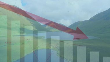 Sola kayan parmaklıklar, Valley Gölü üzerindeki trend çizgisi hareketlenirken kırmızı oku başlatıyor. Veri görselleştirme, analitik, iş, yenilik, modern, büyüme, ilerleme