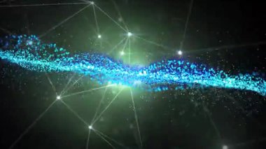 Parlayan kurdele oluşturan soluk mavi kümeler sağa doğru hareket ediyor ve veri akışını gösteriyor. Teknoloji, dijital, fütürist, veri, ağ, soyut, görselleştirme