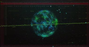 Başlangıçta 3 boyutlu küre dalgalanarak sarı dalga formunu sallarken kod ve tarama monitörleri de devrede. Gelecekçi, siber güvenlik, veri görselleştirme, dijital arayüz, teknoloji, ağ, soyut