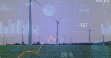 Rüzgar çiftliğini kaplayan animasyon çizelgeleri, enerji ölçümlerini güncelleyen çizgiler ve yüzdeler. Yenilenebilir, sürdürülebilirlik, analitik, teknoloji, çevre dostu, veri görselleştirme, ilerleme