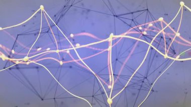 Sarı ve pembe ağ eğrileri sol kenara giriyor, titreşen darbe düğümleri veri akışını gösteriyor. Teknoloji, yenilik, fütüristik, siber, görselleştirme, dijital alarm, analitik