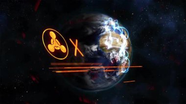 Turuncu logo beliriyor ve Dünya 'nın mavi yay yaymasına neden oluyor, mesaj sinyalini değiştiriyor. Gezegen, geleceksel, teknoloji, dijital, iletişim, ağ, küresel