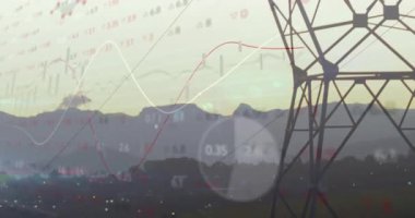 Beyaz kırmızı çizgi enerji verilerini canlandırırken ve canlandırırken kule yükseliyor. Sanayi, altyapı, teknoloji, veri görselleştirme, enerji, dağ, fütürizm