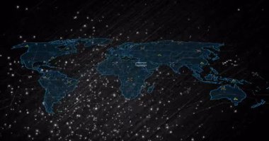 Canlandırmaya başlarken mavi harita ana hatları genişliyor ve küresel veri ağını görüntüleyen düğümler atıyor. Dijital, ağ, teknoloji, bağlantı, soyut, geleceksel, veri