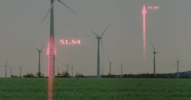 Rüzgar türbinlerinin yanında beliren ve kayan Magenta okları yükselen ve düşen değerleri gösteriyor. Yenilenebilir enerji, sürdürülebilirlik, yeşil teknoloji, koruma, yenilik, manzara, çevre dostu