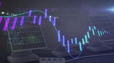 Başlangıç çubukları moru cyan 'a kaydırırken, güneş panelleri üzerinde dalgalanan çizgi grafiği enerjiyi görselleştiriyor. Gelecekçi, teknoloji, veri, analitik, yenilik, dijital, çevresel