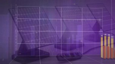 Güneş panelleri, çizgi grafiği, yükselen çubuklar, enerji çıkışı için küçülüyor. Yenilenebilir enerji, yenilik, teknoloji, analitik, görselleştirme, fütüristik