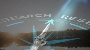 Liman manzarası dijital pusula içinde soluyor. Metal iğne saat yönünde dönerek araştırma yapıyor. Deniz manzarası, navigasyon, yenilik, teknoloji, denizcilik, keşif, fütüristik