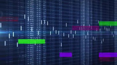 Piyasa eğilimlerini gösteren renkli çubukları canlandıran mumlar ve numaralar gösteren mavi UI açılışı. Finans, veri görselleştirme, piyasa analizleri, dijital arayüz, yatırım, teknoloji, ekonomik