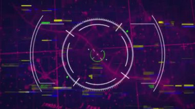 Başlangıçta, morumsu bölge analizler için eş merkezli HUD, dönen kavisler, titreşen arızalar gösteriyor. Futuristik, teknoloji, arayüz, veri görselleştirme, dijital, soyut, siber
