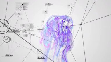 Mor-mavi sis birleşen bir form ve haritalama ağını canlandıran düğümler. Soyut, dijital, fütürist, teknoloji, yenilik, görselleştirme, siber