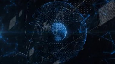 Karanlık ağ, yörüngede dönen küre halkalarını başlatıyor. Çekirdeği aydınlatan şekiller. Gelecek, teknoloji, soyut, dijital, siber, yenilik, bağlantı
