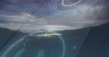 UI elementleri ortaya çıkmadan, atmadan, dönmeden, vites göstermeden önce şafak vakti sabit duruyor. Futuristik, teknoloji, arayüz, navigasyon, dijital, manzara, manzara