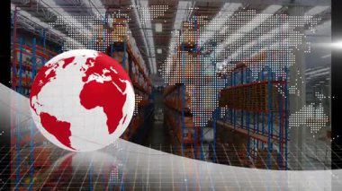 Kırmızı beyaz küre dönen nabız şebekesi ve depo rafları tedarik akışını gösteriyor. Fütüristik, lojistik, otomasyon, veri, tedarik zinciri, sanayi, bağlantı