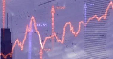 Kırmızı çizgi grafiğini yükleyen verilerde dalgalanma, parmaklıklar arasında geçiş ve boğa eğilimini görselleştirme. Finans, analitik, veri görselleştirme, kentsel, yüksek teknoloji, yatırım, dijital