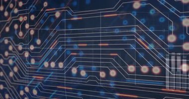 Devre şebekesi, sürüklenen parçacıklar, titreşen düğümler, veri gösteren çubuk çizelgesi. Teknoloji, veri görselleştirme, dijital arayüz, fütürizm, analitik, yenilik, soyut