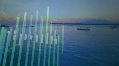 Alacakaranlık deniz manzarası açılıyor. Deniz barları üzerinde 3 boyutlu bar çizelgesi oluşturuluyor. Yükseklik artışı eğilimleri gösteriyor. Deniz manzarası, veri görselleştirme, bilgi, dinginlik, analitik, dijital, minimalist