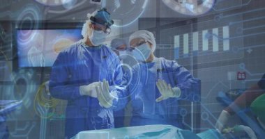 Cerrahlar eldivenleri ayarlayarak holografik kontrolleri değiştirip asistan girerken beyin verilerini gözden geçiriyorlar. Tıbbi, yenilik, fütüristik, hassasiyet, takım çalışması, teknoloji, klinik