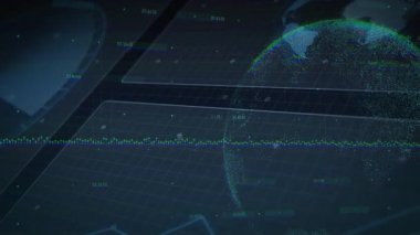 Gecikme etiketlerinin ortaya çıkmasından ve piksellerin dönen küreyi oluşturmasından sonra dalga biçimi görselleştiren veriler. Dijital, geleceksel, görselleştirme, teknoloji, analitik, holografik, soyutlama