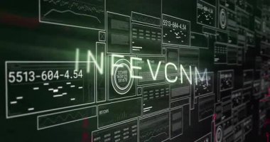 Silinen harf I panelleri başlatıyor verileri güncelliyor ve kırmızı izler arayüz boyunca bozuluyor. Siber güvenlik, dijital, teknoloji, veri görselleştirme, hata, ağ, analiz