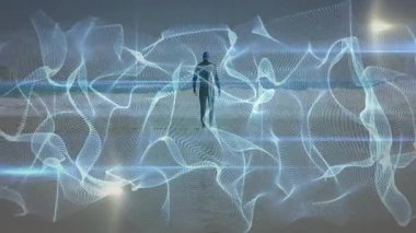 Ufukta bir adam beliriyor ve holografik dalga formlarıyla teknoloji vitrininde yürüyor. Fütürist, dijital, sürükleyici, soyut, yenilikçi, parlak, yüksek teknoloji