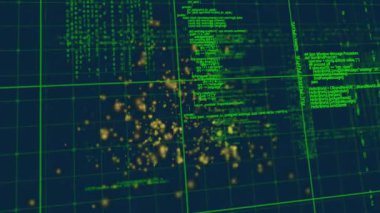 Başlangıçta parlayan parçacık kümesi genişliyor, dönüyor, kod panelleri veri akışını gösteriyor. Fütürist, dijital, soyut, teknoloji, neon, yenilik, veri görselleştirme