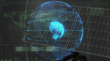 Arayüzü çalıştırdıktan sonra holografik dünya döner halkalar ve veri güncelleme döngüsünü gösteren tarama hattı. Fütürist, dijital, holografik, küresel, veri görselleştirmesi, sürükleyici, yüksek teknoloji