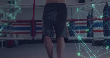 Boksör halat halatlarına yaslanırken teknoloji ortaya çıkan para birimi simgelerini eğitime hazırlıyor. Sporcu, fitness, digital, futuristik, power, training, competition