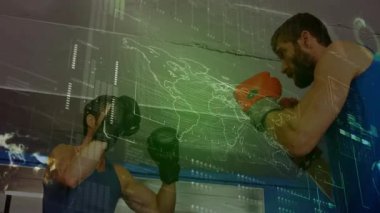 Kırmızı eldivenli boksör ilerlerken siyah eldivenli boksör boks için haritanın altında önünü kapatıyor. Eğitim, savaş, güç, rekabet, çeviklik, güç, hassasiyet