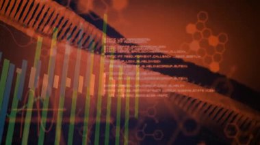 Veri yükünde çapraz sarmal dönme, yükselen çubuklar düşme ve veri döngüsünü gösteren kod kaydırma. Soyut, fütüristik, teknoloji, görselleştirme, yenilik, analitik, dijital