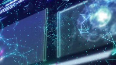 Başlangıç panelinde sola hareket eden holografik dünya dönüyor ve grafik çizgileri veriyi görselleştiriyor. Teknoloji, yenilik, veri, görselleştirme, siber alan, dijital, gelecekçi