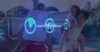 Teknik arkadaşlar kablosuz internet, müzik ve akıllı telefon simgelerini gösteren grafikleri başlatıyorlar. Eğlence, eğlence, bağlantı, dijital, rahatlama, sosyal, açık hava