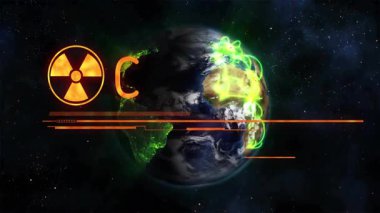 Dönen Dünya tehlike simgesinin ortaya çıkmasına, parmaklıkların açılmasına, kavislerin hemen harekete geçtiğine işaret vermesine neden oluyor. Global, teknoloji, dijital, siber, bilim kurgu, fütüristik, iletişim