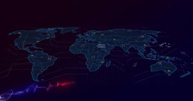 Mor arkaplan ana hatları soluyor, ızgara animasyonu, titreşen simgeler, akan akarsular. Küresel ağ, dijital arayüz, veri görselleştirme, fütüristik tasarım, bağlantı, siber teknoloji, bilgi akışı