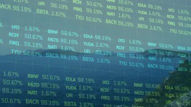 Sahil manzarası, şeffaf şebeke döngüsü yüzdelerini gösteriyor. Piyasa değişimlerini görselleştiriyor. Deniz manzarası, veri görselleştirme, soyut, analitik, dijital, fütürizm, sakin