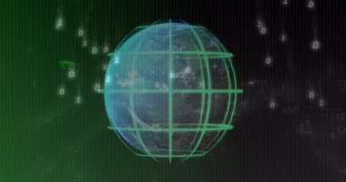 Animasyon dijital dünyayı döndürmeye başladığında ikili yağmur ve kaydırmalı kod oluşturma ağı. Teknoloji, siber güvenlik, veri, yenilik, sanal, geleceksel, ağ