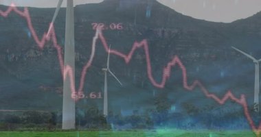 Yağmurlu performans analizi sırasında soldan kırmızı çizgi grafiği ortaya çıkıyor ve türbinlerin üzerinde dalgalanmalar oluyor. Yenilenebilir, sürdürülebilirlik, dijital, hava durumu, teknoloji, manzara, enerji