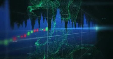 Siyah mavi şebeke görünür, şamdanlar yükselir, düşer, ağ akar, pazar eğilimlerini gösterir. Finans, veri, teknoloji, analitik, yatırım, görselleştirme, dijital