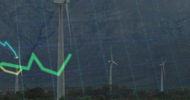 Parlak yeşil çizgi, ızgaradaki dönen türbinlerin üzerinde üç satırlık veri tablosu başlatarak soldan ortaya çıkıyor. Yenilenebilir, sürdürülebilirlik, enerji, teknoloji, çevre, yenilik, veri görselleştirmesi