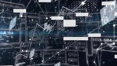 Izgara görünümü, bağlanan düğümler ve sanal ağ boyunca görsel veri akışını değiştiren paneller. Futuristik, teknolojik, dijital, soyutlama, analitik, yenilik, siber alan