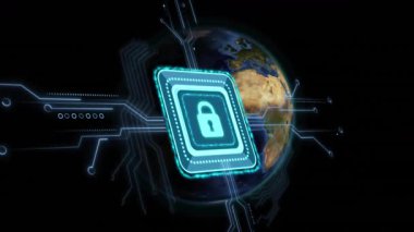 Asma kilit taşıyan deniz mavisi mikroçip açılıyor. Devreler çalışıyor ve Dünya dönüyor. Güvenliği vurguluyor. Teknoloji, siber güvenlik, yenilik, dijital, ağ, veri, temiz
