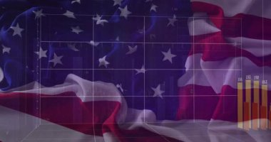 Dalgalanan Amerikan bayrağı ızgara ızgarası kayboluyor, çubuklar yükseldikçe ve alçaldıkça dalgalanan dalgalanmalar verileri gösteriyor. Vatanseverlik, vatanseverlik, dijital, veri, analiz, görselleştirme, bilgi