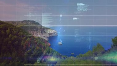 Başlangıçta arayüz elementleri ormanlık uçurum ve koy üzerinde yüzer, finansal kod verilerini görselleştirir. Doğa, teknoloji, kesinlik, analitik, izleme, görselleştirme, minimalist